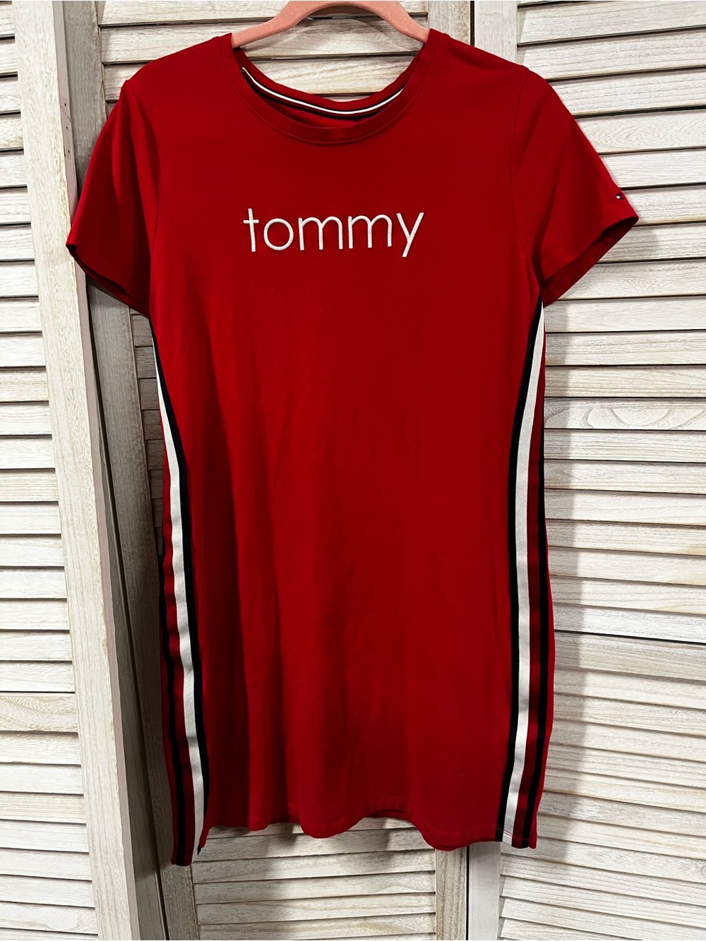 Tommy Hilfiger Red Logo T-Shirt Dress Side Stripe Medium